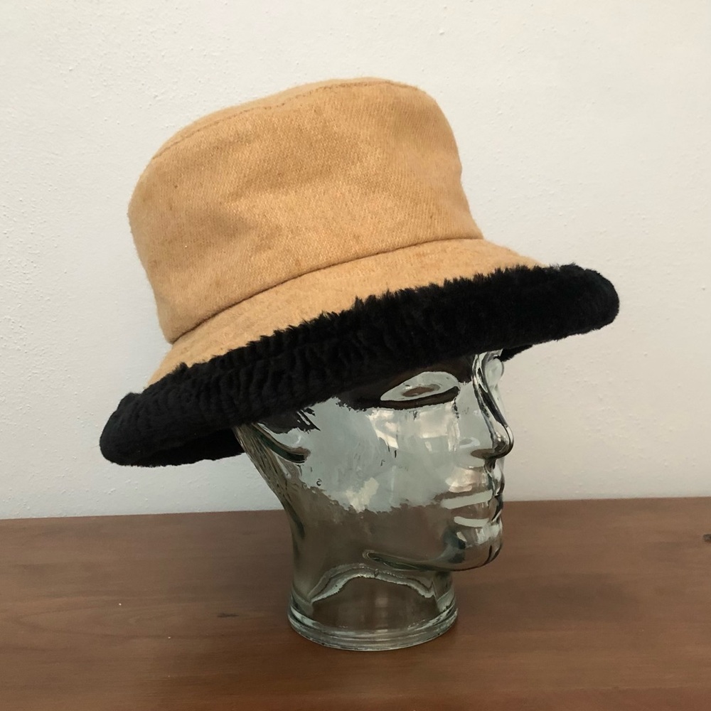 Vintage Kokin New York Bucket Hat Faux Fur Trim - Tan and Black